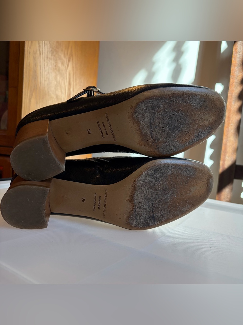ISABEL MARANT ÉTOILE Louanne Black Leather Wood Block Mary Jane Heels Size 38 - Picture 9 of 15